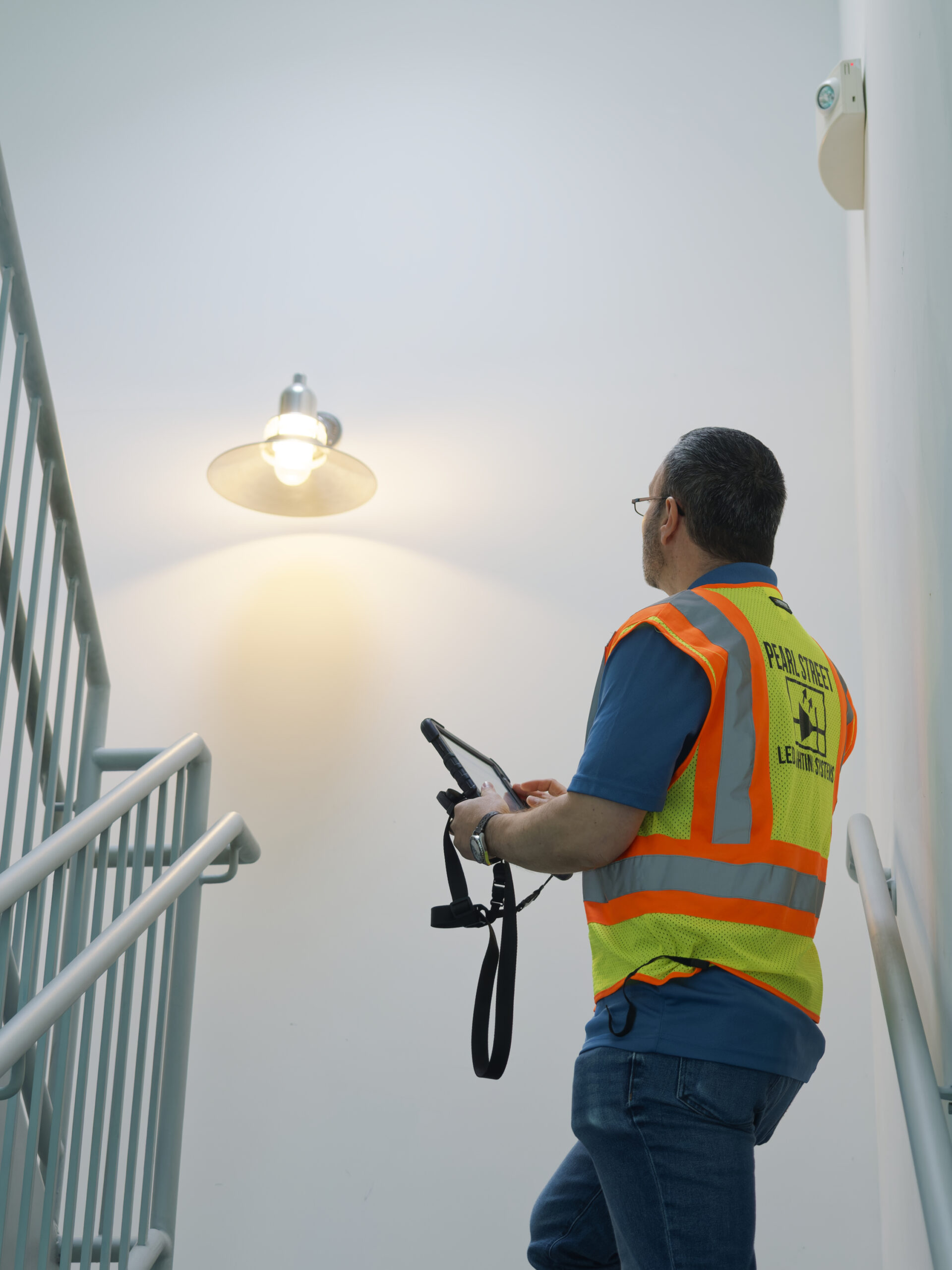 Man looking at light fixture on wall